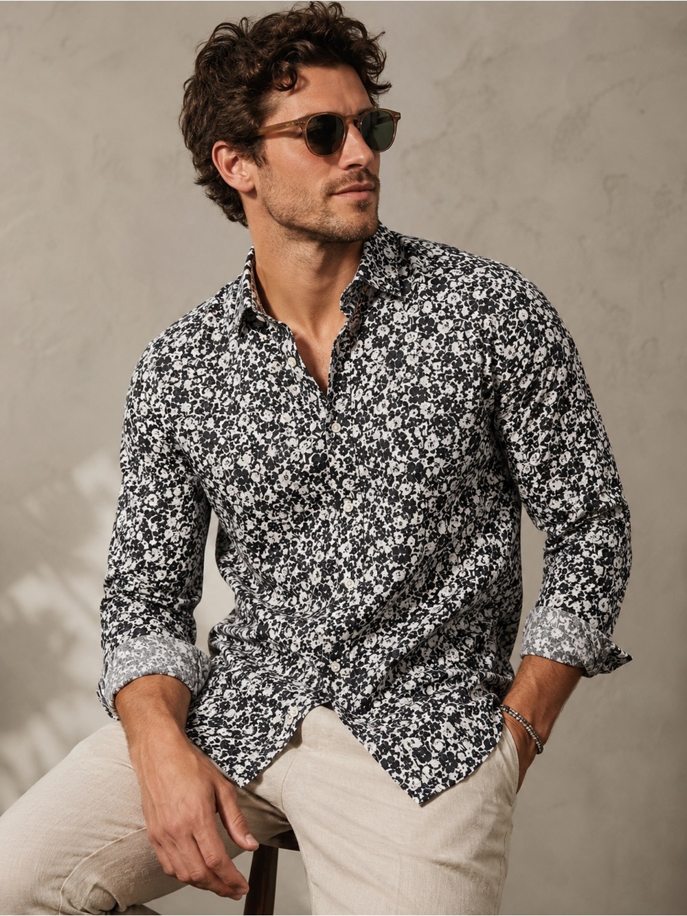 Boden Mens Black White‎ Floral Flax Linen Blend Button Down Shirt